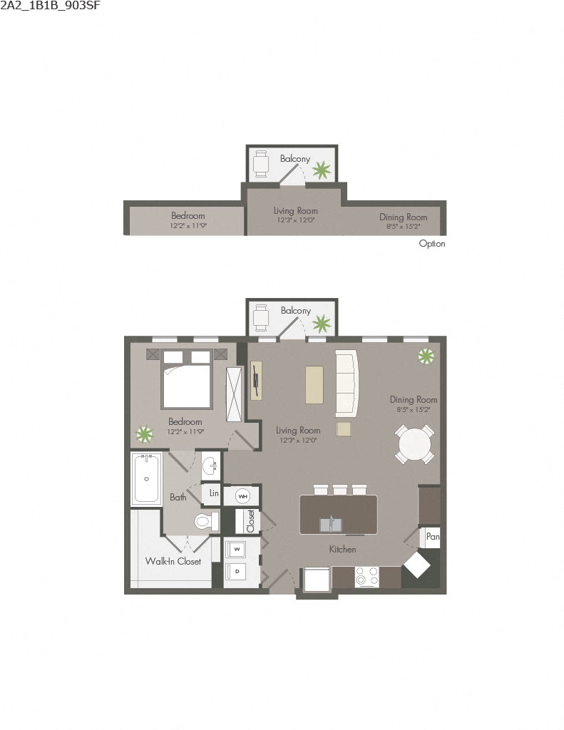 Floor plan for 1 bed, 1 bath, 915 sqft